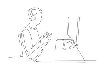 People with a desktop setup in bedroom concept one-line drawing