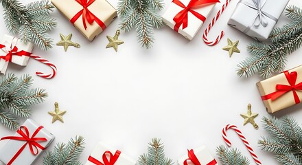 Festive Christmas Decor with Presents Candy Canes Pine Branches and Gold Stars on White Background