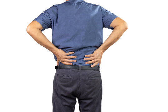 Senior Man Suffering from Severe Lower Back Pain, Isolated on White Background.