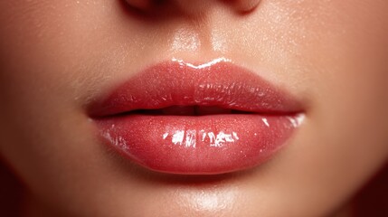 Close-Up of Glossy Lips Highlighting Feminine Beauty and Skincare with a Soft, Natural Glow and Smooth Texture