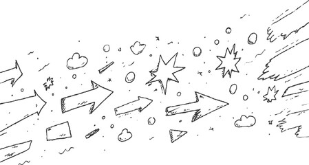 Hand drawn arrows and abstract shapes in black ink on white background direction movement