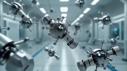 Futuristic metallic nanobots resembling spiky capsules in a sterile lab, symbolizing advanced scientific research and medical technology innovation