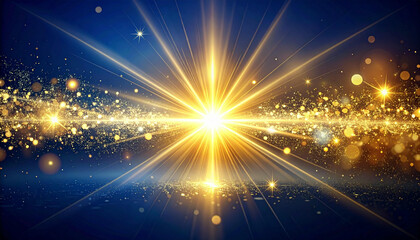 Abstract image of a bright starburst with golden light rays emanating from a central point against a dark blue background.
