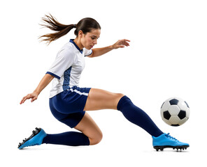 Pro female soccer player doing a sliding kick onto a ball on isolated background