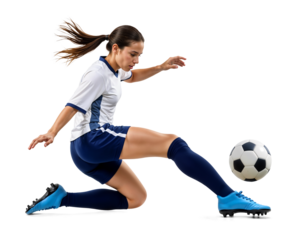 Pro female soccer player doing a sliding kick onto a ball on isolated background