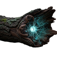 Magical glowing blue light bursting from a weathered tree log, symbolizing natures energy, fantasy, and mystery, isolated on transparent background