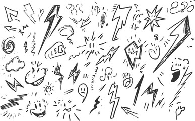 Collection of hand drawn black and white doodle elements including lightning bolts arrows clouds and faces