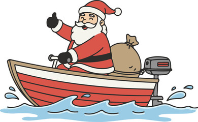 Santa claus giving a thumbs up while driving a small red motorboat with a sack