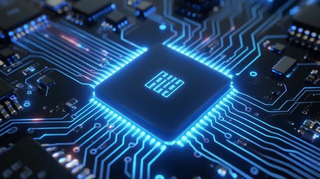 Advanced electronic circuit board with a glowing central microchip, symbolizing innovation and digital technology