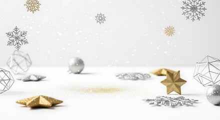 Festive Christmas Decorations with Gold Stars Silver Snowflakes and Geometric Ornaments on White Background