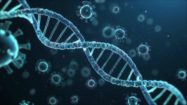 Scientific visualization of a DNA double helix interacting with pathogenic virus cells on a blue background