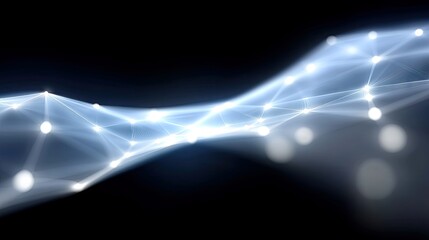 An abstract visualization of a network with glowing white nodes connected by thin lines, creating a wave-like structure against a dark background. The lighting