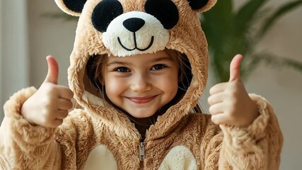 Happy little girl in a cute bear costume smiling at the camera. Cheerful child giving two thumbs up as a sign of approval. Positive childhood fun and satisfaction