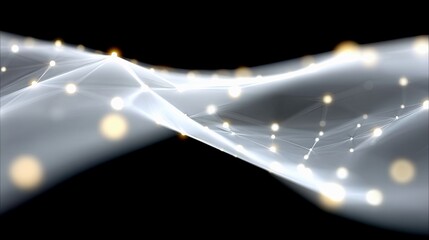 An abstract digital visualization of a network structure with interconnected nodes and glowing lights against a dark background. The structure appears fluid and