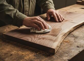 Skilled carpenter applies natural wood oil finish to a beautiful live-edge walnut slab, enhancing its rich grain