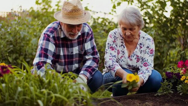 An elderly couple, gardening together, with plants and flowers, outdoors in sunlight