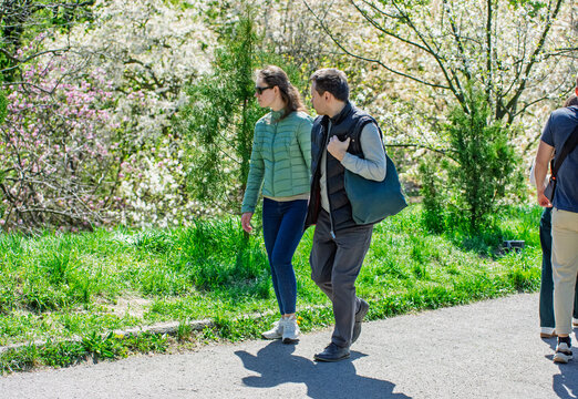 Couple strolling through a vibrant park on a sunny spring day, surrounded by lush green grass and blossoming trees. Perfect for themes of leisure, nature, and outdoor activities.