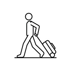 Simple line art icon of a person walking with a rolling suitcase, representing travel, vacation, and business trips, on a white background.
