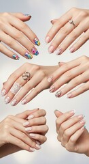 Elegant display of diverse manicures and jewelry showcasing beauty trends hands fashion