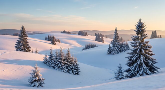 Snowy Winter Landscape with Frosted Pine Trees at Sunset - Powered by Adobe