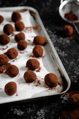 Homemade chocolate and gingerbread truffles coated in cocoa powder, arranged on a baking tray and served in a rustic dark setting. Ideal for festive, winter or Christmas-themed food and recipe content
