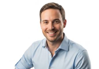 A headshot of a smiling man in a light blue shirt, blue, dress shirt, man, portrait, pose, shirt, smile, wear 