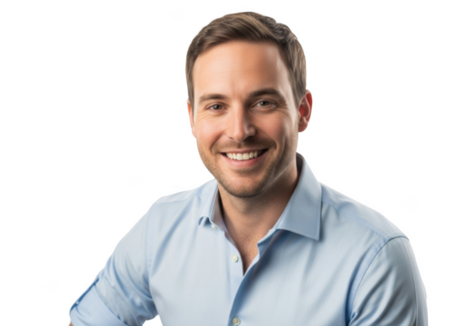 A headshot of a smiling man in a light blue shirt, blue, dress shirt, man, portrait, pose, shirt, smile, wear - Powered by Adobe