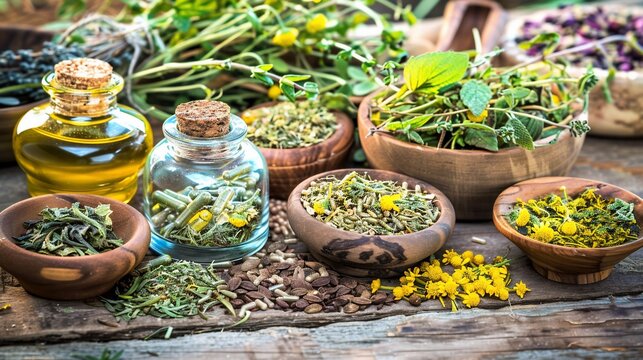 Assortment of dried herbs and botanicals in wooden bowls and jars