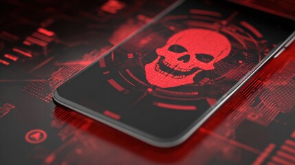 Red Skull Pop-Up Screen Indicates Malware Attack on Smartphone in a Digital Environment