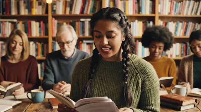 Diverse Group of People Enjoying a Book Club Meeting in a Cozy Library.