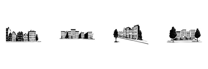 Urban Cityscape Doodle Sketch Set. Architectural Building Illustrations In Hand Drawn Style Collection. City Planning And Urban Development Concepts. Isolated Vector Illustration