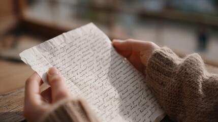 Person's hands holding a piece of paper with handwriting on it. the paper appears to be old and worn, with some creases and wrinkles.
