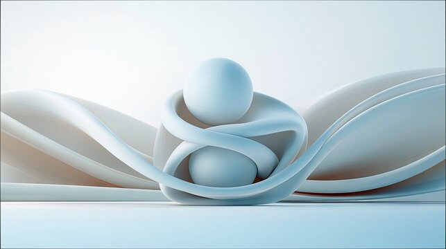A smooth, abstract sculpture with intertwined curves cradling two spheres, set against a soft, gradient background with gentle lighting. - Powered by Adobe