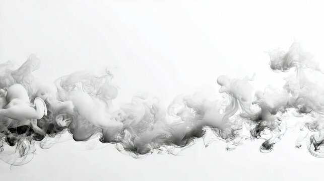 Abstract swirls and wisps of smoke or ink in shades of gray and white, creating a dynamic, flowing pattern against a clean white background. The image captures