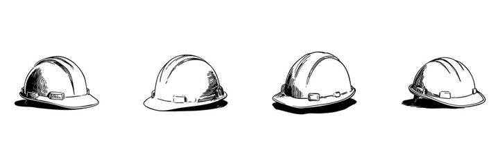 Construction Safety Helmets Doodle Sketch Set. Workplace Safety And Protection Gear In Hand Drawn Style Collection. Industrial And Construction Site Equipment. Hand Drawn Isolated Vector Illustration