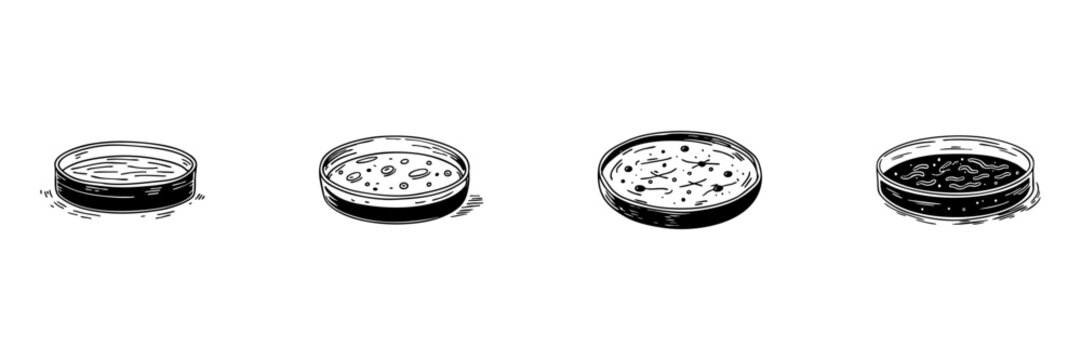 Petri Dish Doodle Sketch Set. Microbial Growth And Laboratory Experimentation In Hand Drawn Style Collection. Scientific Research And Microbiology Study. Hand Drawn Isolated Vector Illustration