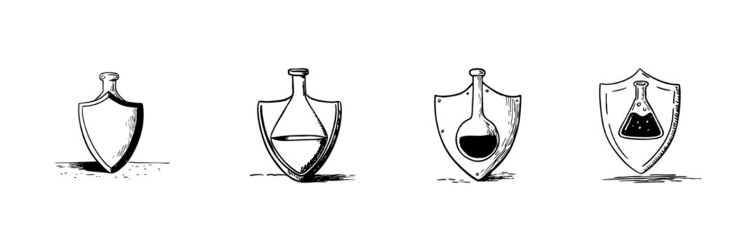 Shield And Potion Doodle Sketch Set. Alchemy, Protection, And Magical Elixirs In Hand Drawn Style Collection. Fantasy And Adventure Themes. Isolated Vector Illustration