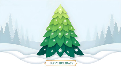 Paper-cut Christmas tree illustration with snowy landscape and Happy Holidays greeting