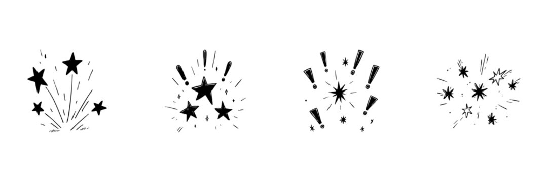 Starburst And Explosion Doodle Sketch Set. Celebration, Excitement, And Festive Fireworks In Hand Drawn Style Collection. Decorative Elements For Party And Event Design. Isolated Vector Illustration