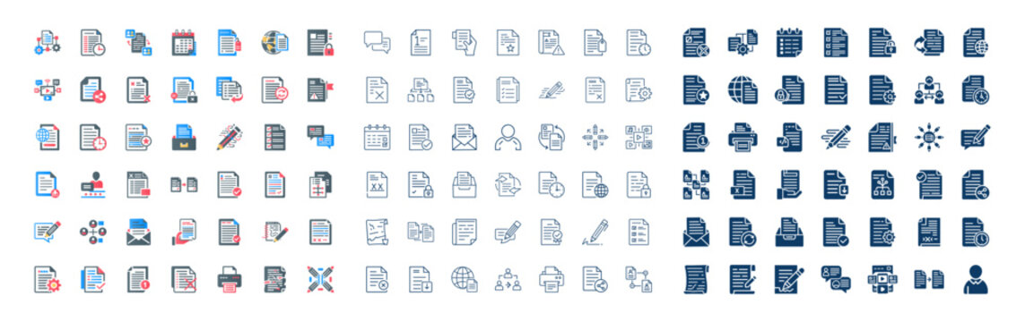 diverse collection flat linear glyph icons content creation document management digital workflow