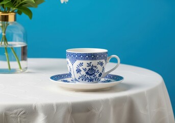 Elegant floral patterned teacup and saucer on a white linen tablecloth evoking serenity and beauty