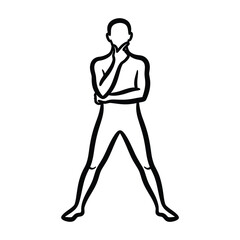 Line art illustration of a person in a thinking pose with hand on chin and crossed arms, isolated on a white background
