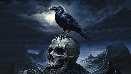 A dark raven perched on a human skull at night. Gothic fantasy illustration with a full moon and cloudy sky. Macabre concept of death and mystery - Powered by Adobe