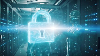 Robot Secure digital fortress Glowing data streams Futuristic holographic lock in a high tech server room Internet cyber security encryption. futuristic digital cityscape - Powered by Adobe