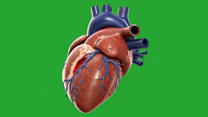 Detailed 3D render of the human heart, showcasing its intricate anatomy and vital function in green screen background