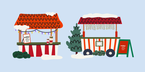 Vintage Christmas market compositions in cartoon doodle style. Winter holiday festive stalls with cozy decorations, snow, drink, Christmas trees. New Year festival shops. Vector illustrations