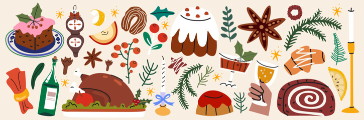 Naklejka premium Traditional festive dishes, food, baking, gingerbread, pie, cake, cookies, turkey, spices, branches. Winter holiday stickers set in cartoon retro style. Flat vector illustration isolated