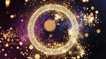 Golden sparks swirl in mid air, forming circular patterns, evoking unity, connection, and harmony, perfect for backgrounds, presentations, or commercials showcasing celestial wonder.