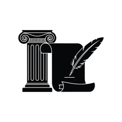 Ancient greek ionic column beside a rolled scroll with quill pen, symbol of law, history, literature, and wisdom
