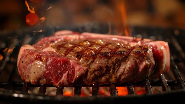 Steak grills on barbecue with flame cooking beef meat. Thick steak sears on hot grill grate. Beef cooks with fire and flame on barbecue. Meat grilling shows sear marks. Steak cooks with grill flame.